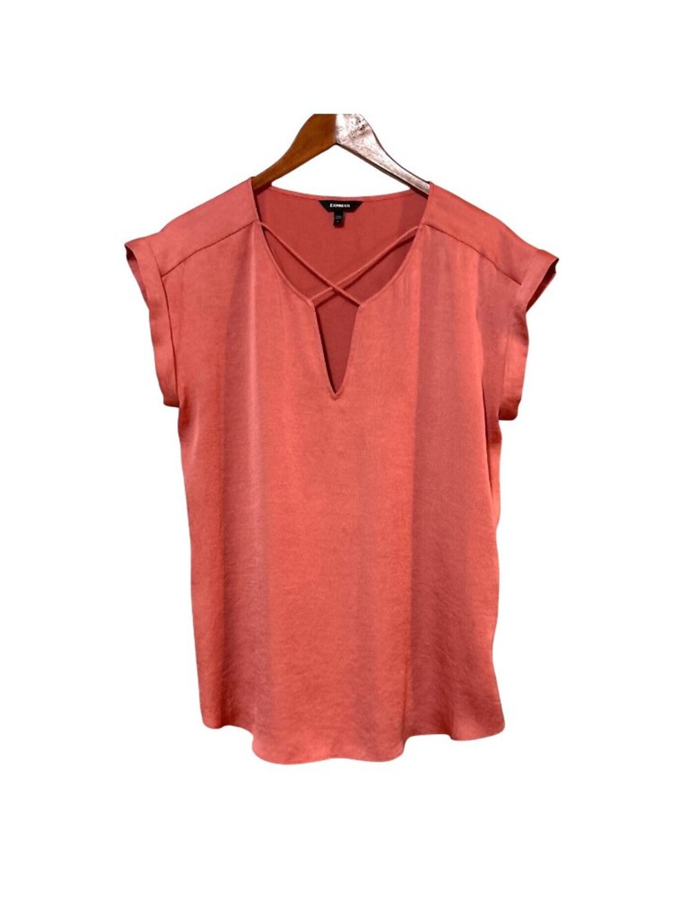 Express Coral Crisscross V-Neck Cap‎ Sleeve Womens Top Size M 100% Polyester